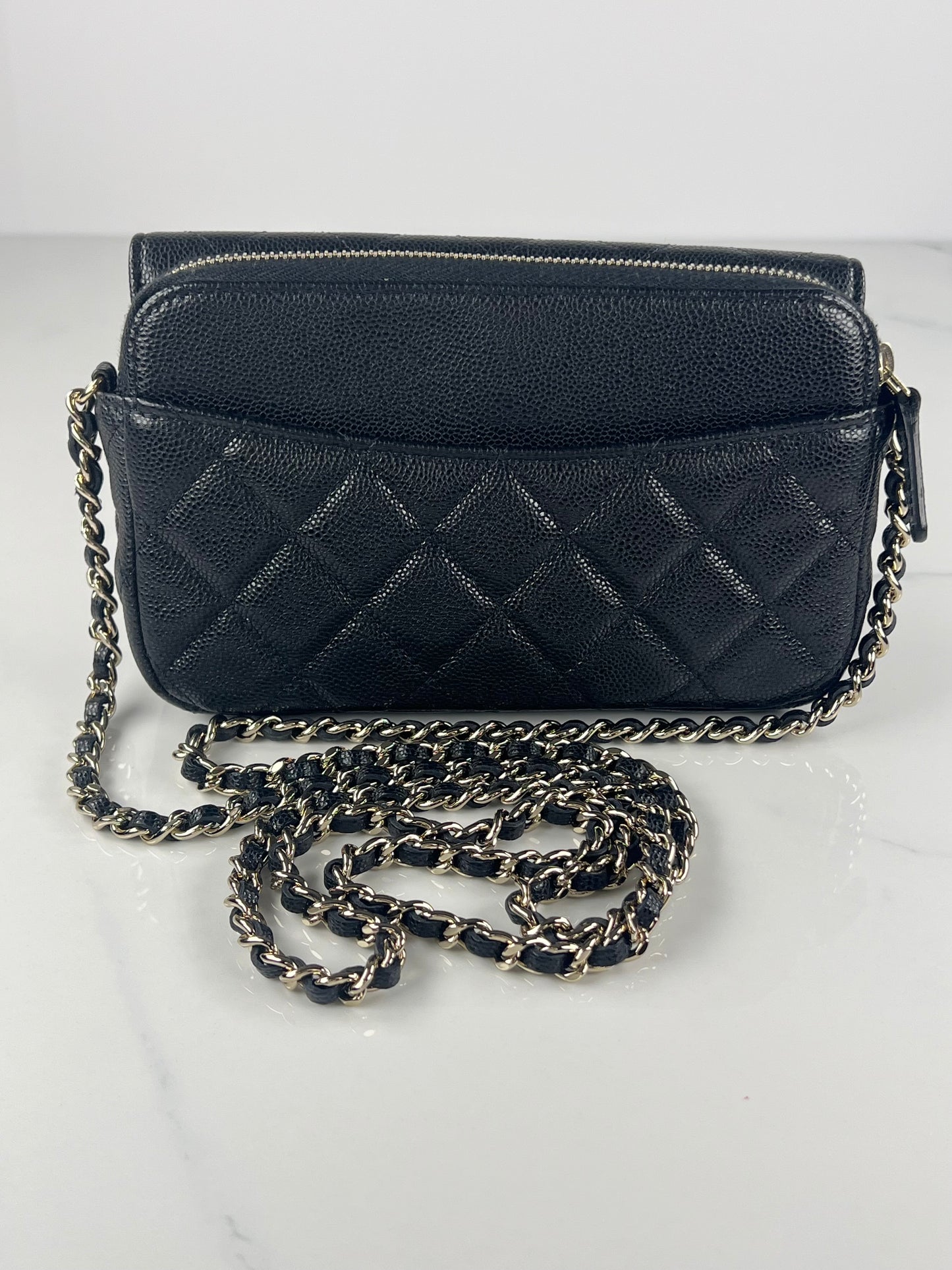 Black Caviar Flap Phone Holder on Chain