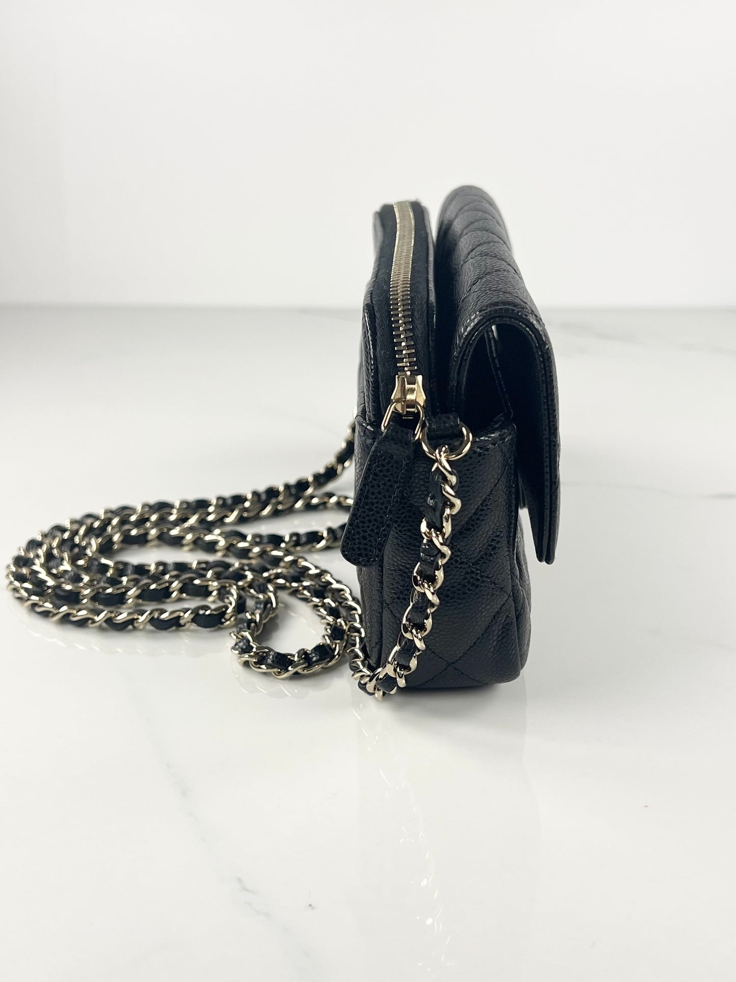 Black Caviar Flap Phone Holder on Chain