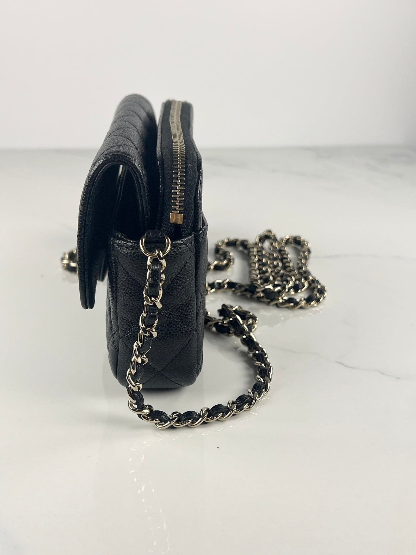 Black Caviar Flap Phone Holder on Chain