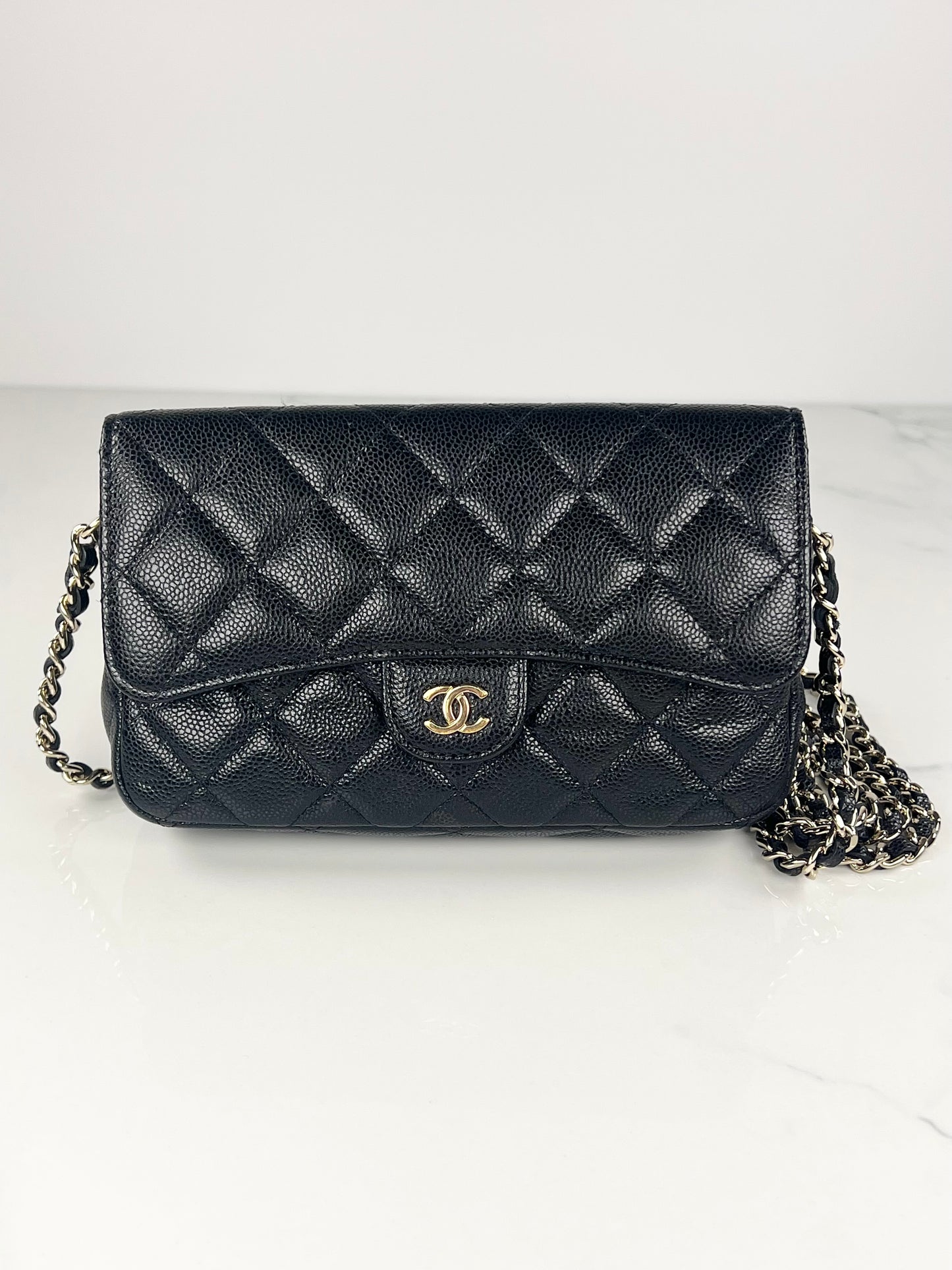 Black Caviar Flap Phone Holder on Chain