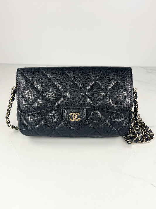Black Caviar Flap Phone Holder on Chain