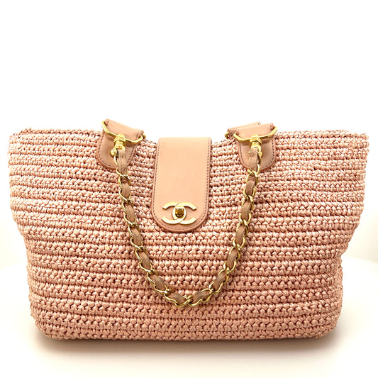 Vintage Pink Raffia Tote